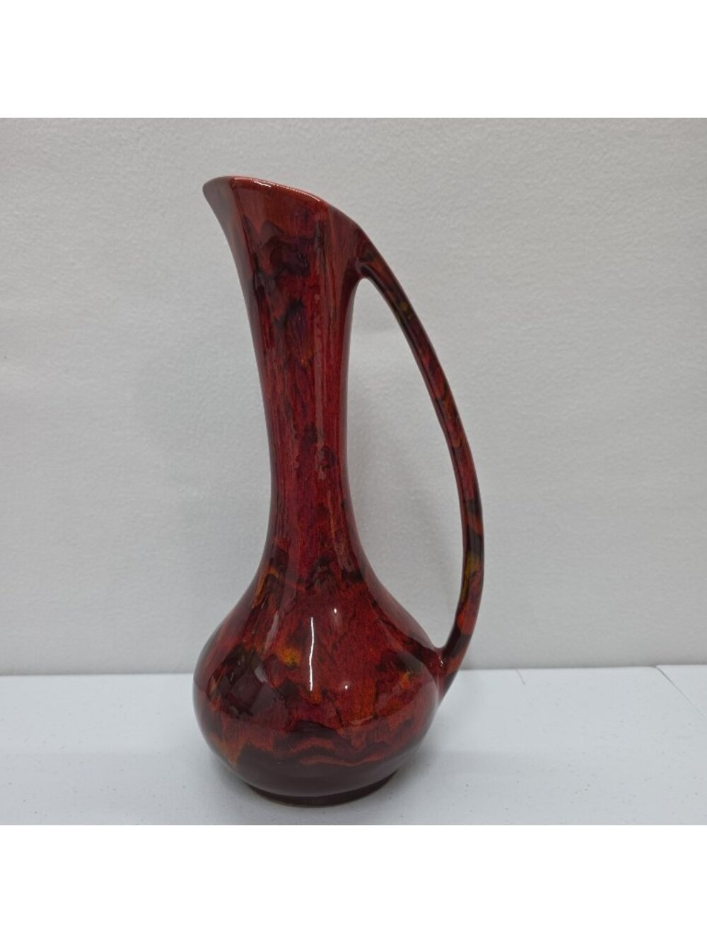 Vtg Dryden Arkansas Art Pottery Pitcher W Handle Glossy Red Brown Drip 12.5" EUC